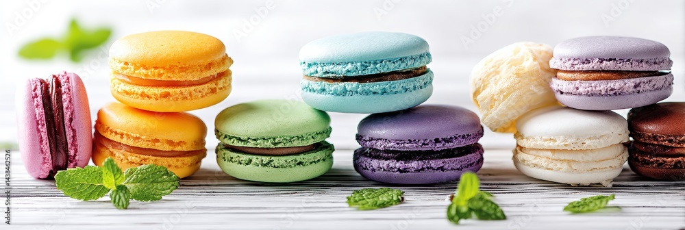 Poster colorful macarons stacked elegantly on a white surface with fresh mint leaves adding a touch of char