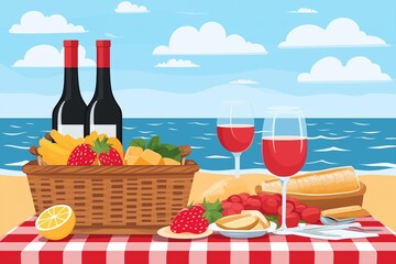 A picnic on the beach with sea view. Summer vacation.