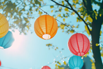 Obraz premium Colorful paper lanterns hanging on a tree during a summer festival.