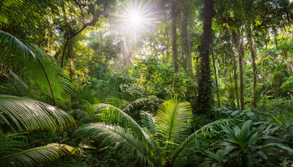 lush tropical forest canopy with sunlight filtering through dense green foliage and vibrant leaves in a serene jungle environment