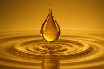 Fototapeta premium Golden Droplet of Lubricant Falling into Calm Water Surface