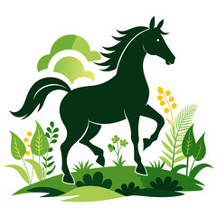 Horse silhouette running  on the grass with white background 