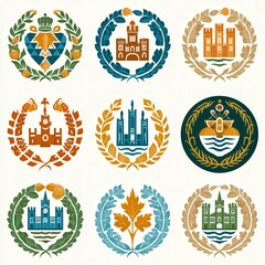 Collection of artistic emblems showcasing architectural landmarks and nature themes