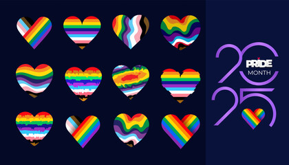 Set of lgbtq pride heart 2025. Heart shape with lgbt progress pride rainbow flag pattern. Pride month june. Lgbt vector heart wavy rainbow pride of gay, lesbian flag icon colorful concept.