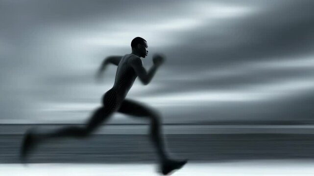 A blurred figure of a man sprinting on an empty beach under a cloudy sky, capturing the essence of motion and freedom.