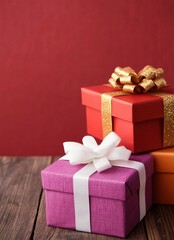 Obraz premium Colorful Wrapped Gift Boxes with Ribbons on Rustic Wooden Table