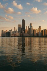 Fototapeta premium Urban Skyline at Sunset Over Tranquil Water Reflection