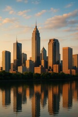 Obraz premium Stunning Urban Skyline with Reflections at Golden Hour Near Water