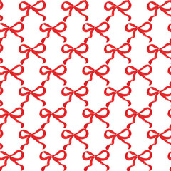 Seamless Red Ribbon Bow Pattern on White Background for Decoration. Seamless red ribbon bows with flowing tails arranged on a crisp white backdrop, ideal for various decorative and festive designs 