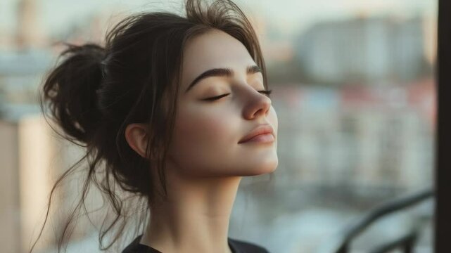 Girl in meditative pose against city backdrop