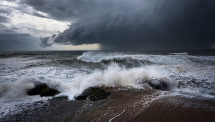 Obraz premium a dramatic coastal scene featuring turbulent waves dark storm clouds and smoke rising from the shore evoking a sense of mystery and nature s power
