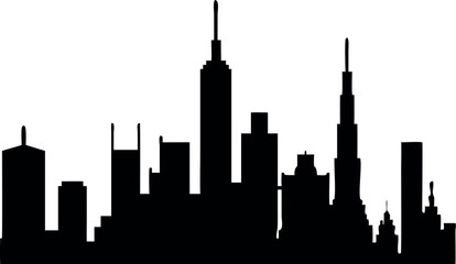 Fototapeta premium This vector illustration shows a black city skyline silhouette with urban buildings and skyscrapers under a night sky, possibly depicting Chicago's architecture as a recognizable landmark.