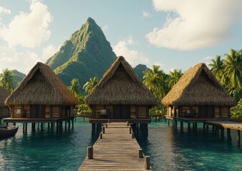 Naklejka premium Serene Tropical Overwater Bungalows Surrounded by Lush Greenery