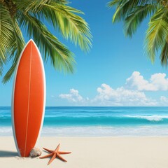 Vibrant Beach Scene with Surfboard, Palm Trees, and Ocean Waves