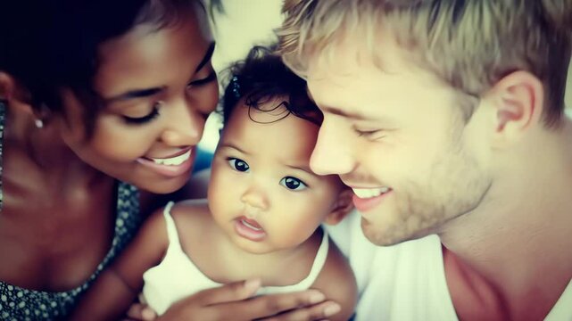 A joyful family portrait showcasing love and connection among parents and their child, radiating happiness.