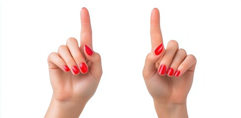 Hands with red manicured nails displaying number one gesture sign