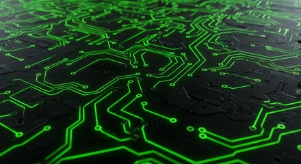 Circuit Board with Green Neon Lines