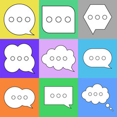 Set of blank white speech bubble in flat design, chatting box, message box icon. Balloon doodle style of thinking sign symbol. Speech bubble isolated on background. Communication, Discussion and Text