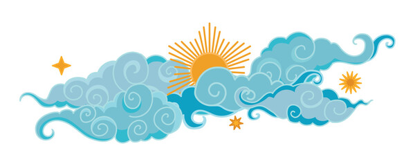 Tibetan sky. Blue Asian cloud with moon, sun and stars. Japanese Korean Chinese cloud style. Asian traditional ornaments. Border pattern. Vector illustration