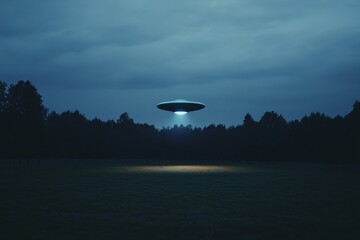 Fototapeta premium Mysterious UFO Hovering Over Dark Forest at Night