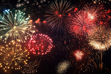 Naklejka premium Colorful fireworks on night sky background. Celebration and holidays concept. Independence Day 4th of July, New Year, festival. Bright explosions of lights in sky. Place for your text.