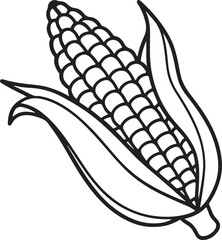 corn line art, black outline, vector and illustration, coloring book page line art drawing