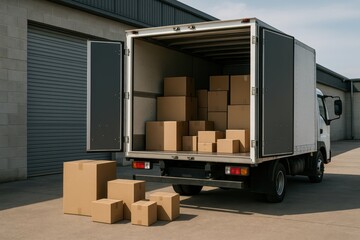 Delivery Truck Loaded with Boxes Ready for Shipment Outdoors