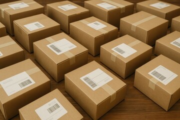 Fototapeta premium Stacked Brown Parcels on Wooden Surface for Shipping and Delivery