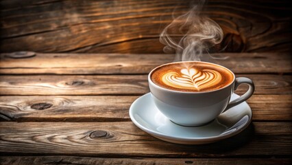 A steaming cup of latte art on a rustic wooden surface, a perfect morning pick-me-up.