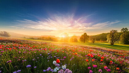 Fototapeta premium morning sun light spring summer field wallpaper colorful sunlit flowers and trees landscape beautiful sunrise nature illustration