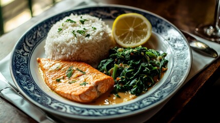 Delicious salmon dish with rice and greens cozy restaurant food photography indoor setting close-up view culinary delight