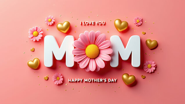 Happy Mother's Day 3D Floral Mom Design with Gold Hearts