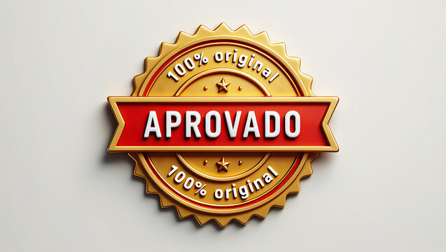 Selo dourado com a palavra "Aprovado" em destaque e "100% original", representando autenticidade, qualidade e confiabilidade, com design profissional e visual impactante.