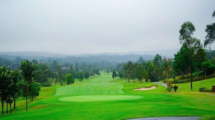 Lush golf course fairway on a misty day.  A golfer on the fairway