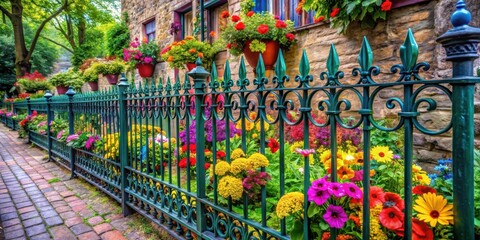 An ornate iron fence, painted a deep teal, stands as a sentinel against a vibrant backdrop of blooming flowers in a variety of colors.
