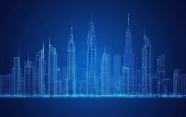 Obraz premium Futuristic City Skyline Design with Blue Wireframe Architecture