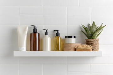 Elegant bathroom shelf showcasing various skincare mockup products and a decorative plant