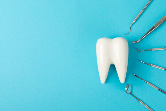 Dentist tools on a blue background. Dentist Concept.Teethcare, dental health concept. Means to care for the oral cavity. Dental model and dental equipment. Dental hygiene. Space for text. Copy space.