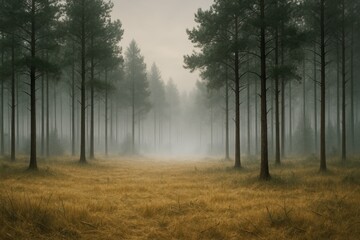 Obraz premium Misty Timber Field with Dense Trees and Fog in Tranquil Nature Scene