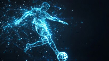 Dynamic soccer player kicking ball digital art futuristic concept neon environment action-packed view