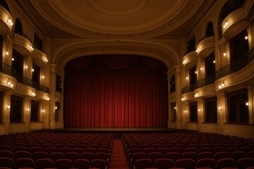 Elegant Theater Stage with Dramatic Red Curtains and Stage Lights