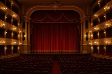 Elegant Theatre Stage with Rich Red Drapery and Soft Lighting