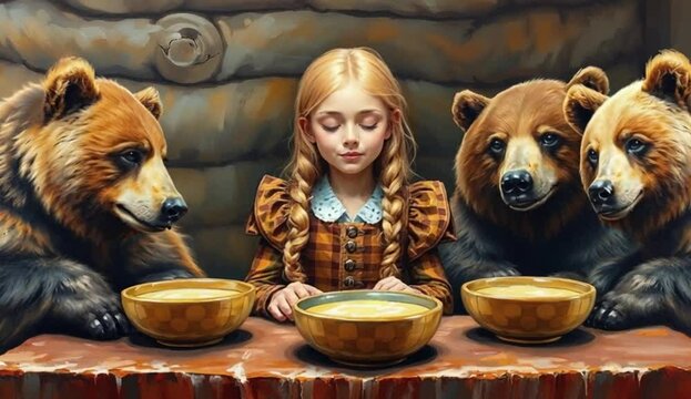 Goldilocks and the Three Bears Sharing Porridge in a Cozy Wooden Cottage