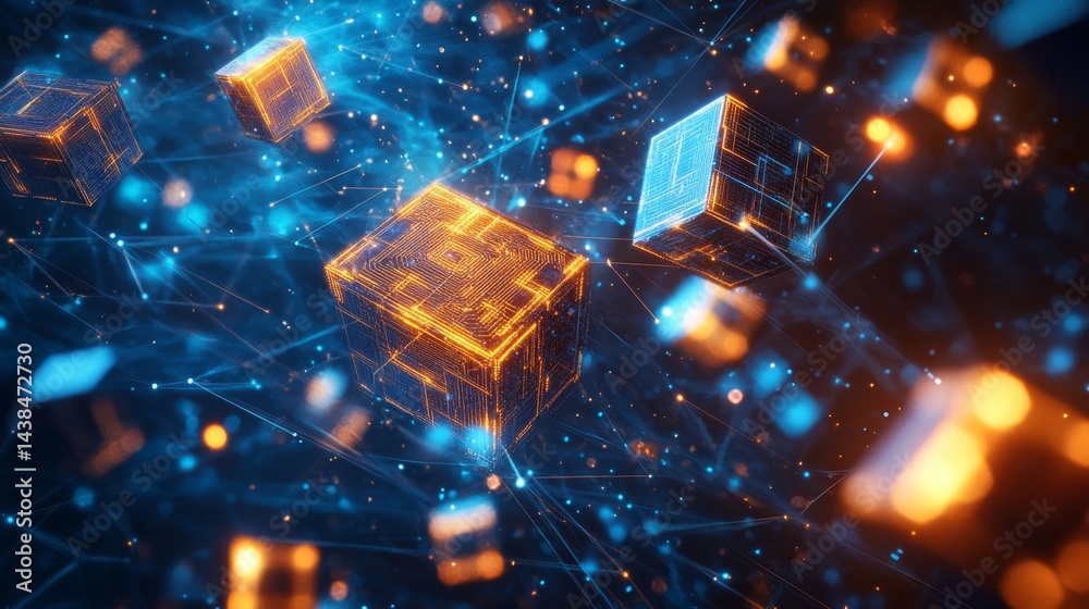 Poster dynamic digital blockchain visualization futuristic environment abstract art technology concept high