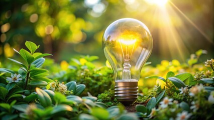 A glowing light bulb nestled amidst vibrant greenery, symbolizing the boundless potential for sustainable energy solutions in a lush natural environment.