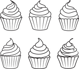 set of  sweet cupcake with cream line art, black outline, vector and illustration, coloring book page line art drawing