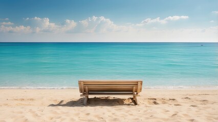 A serene beach scene featuring two wooden lounge chairs with plush cushions positioned beneath a large white umbrella.