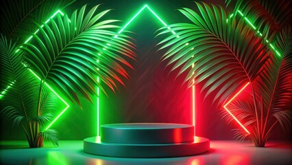 Fototapeta premium Neon Lights and Lush Palm Leaves Create a Vibrant Tropical Scene with a Minimalist Product Display Platform