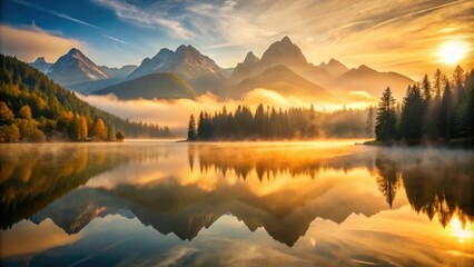 Fototapeta premium Golden Hour Reflections in a Mountain Lake, where a gentle mist cloaks the trees, reflecting the sun's rays in a mesmerizing dance