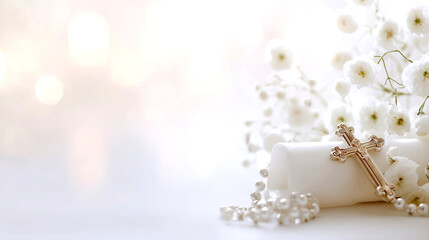 Elegant floral arrangement with white flowers and a golden cross for a serene and spiritual ambiance : Generative AI